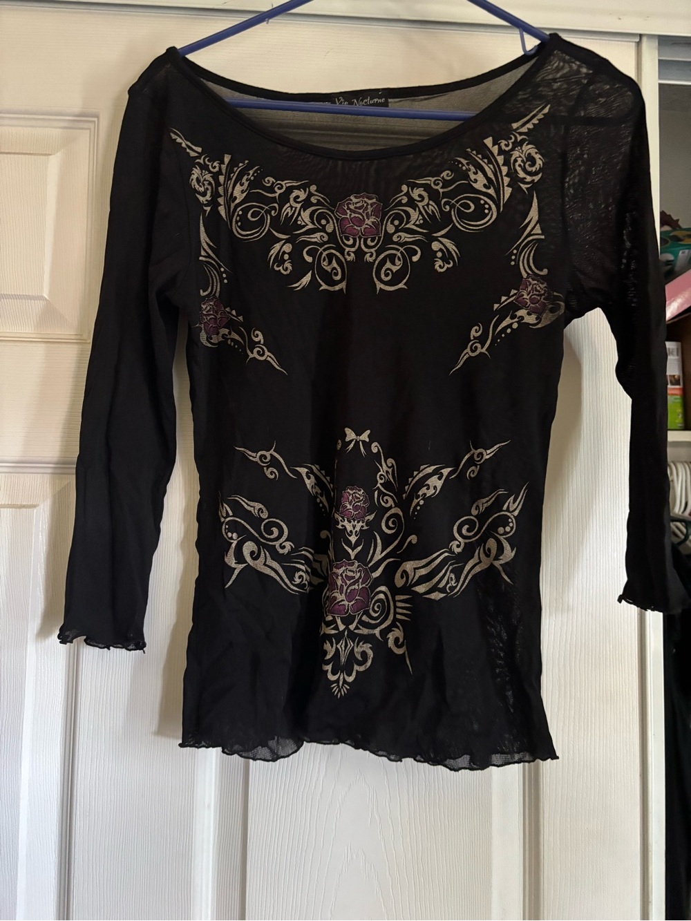 Black Floral-Embroidered Long Sleeve Tee with Purple Accents